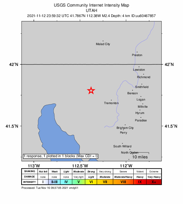 USGS DYFI community-reported intensity map for the M2.4 earthquake near 5 km E of Howell, Utah