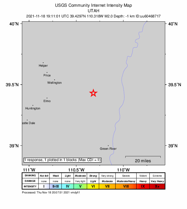 USGS DYFI community-reported intensity map for the M2.0 earthquake near 14 km SSE of Sunnyside, Utah