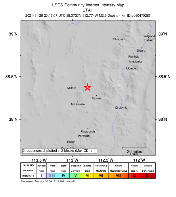 USGS DYFI community-reported intensity map for the M2.9 earthquake near 15 km NW of Beaver, Utah