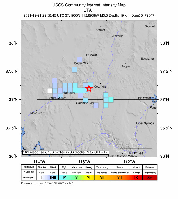 USGS DYFI community-reported intensity map for the M3.6 earthquake near 9 km E of Springdale, Utah