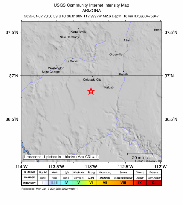 USGS DYFI community-reported intensity map for the M2.6 earthquake near 14 km S of Centennial Park, Arizona