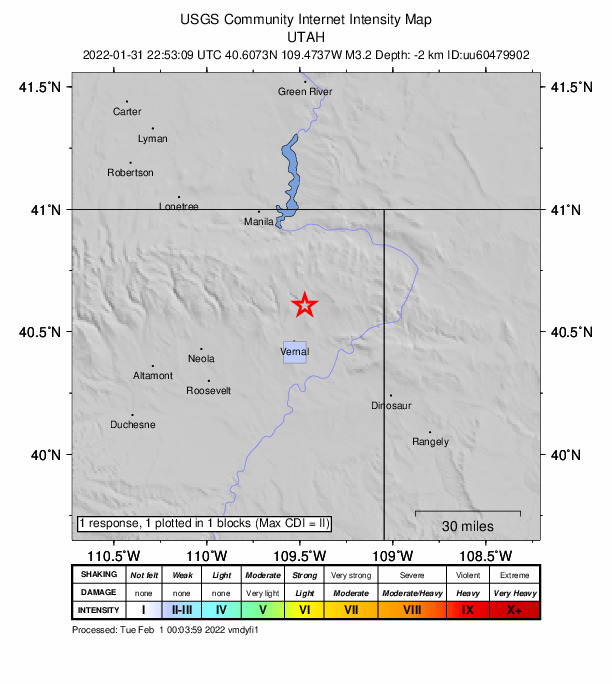 USGS DYFI community-reported intensity map for the M3.2 earthquake near 17 km NNE of Maeser, Utah