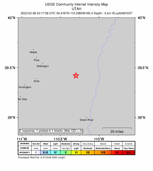 USGS DYFI community-reported intensity map for the M2.4 earthquake near 16 km SSE of Sunnyside, Utah