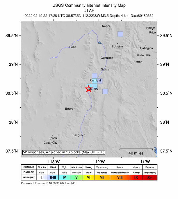 USGS DYFI community-reported intensity map for the M3.5 earthquake near 5 km S of Joseph, Utah