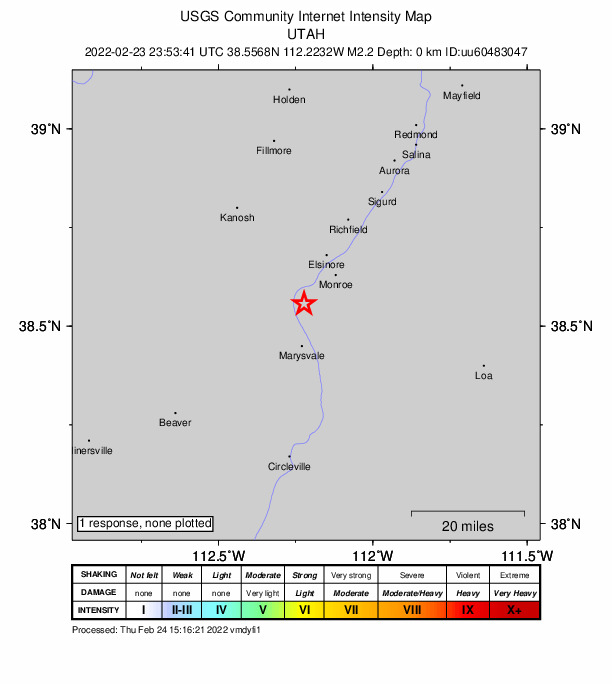 USGS DYFI community-reported intensity map for the M2.2 earthquake near 7 km S of Joseph, Utah