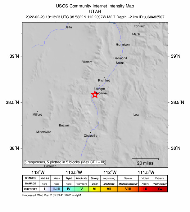 USGS DYFI community-reported intensity map for the M2.7 earthquake near 4 km S of Joseph, Utah