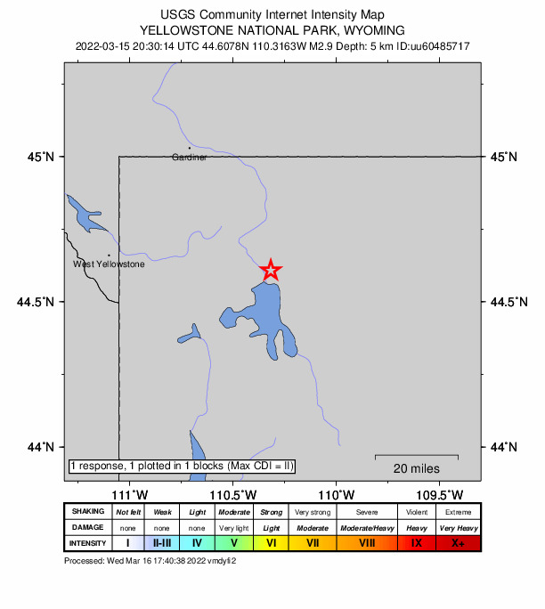 USGS DYFI community-reported intensity map for the M2.9 earthquake near 51 km SE of Mammoth, Wyoming
