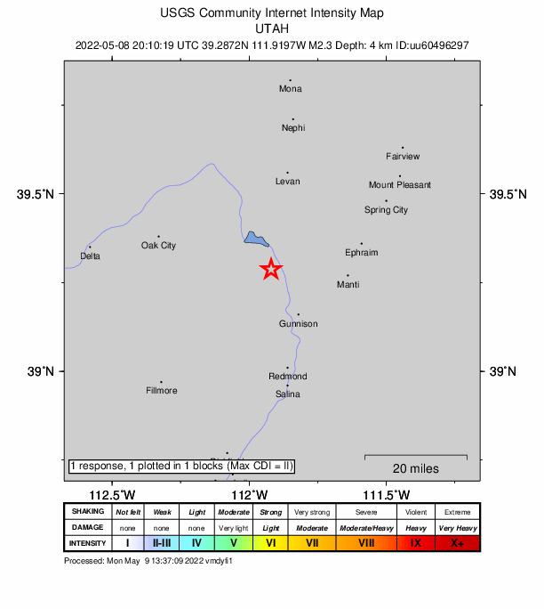 USGS DYFI community-reported intensity map for the M2.3 earthquake near 8 km NW of Fayette, Utah