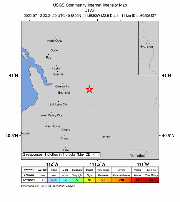 USGS DYFI community-reported intensity map for the M2.5 earthquake near 15 km N of Summit Park, Utah