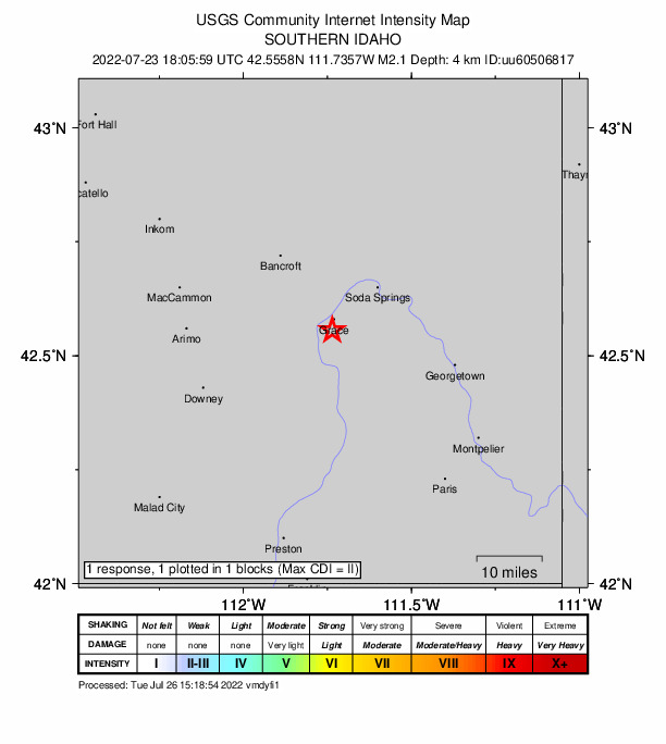 USGS DYFI community-reported intensity map for the M2.1 earthquake near 2 km S of Grace, Idaho
