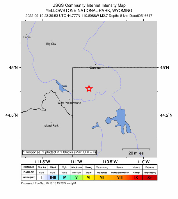 USGS DYFI community-reported intensity map for the M2.7 earthquake near Wyoming