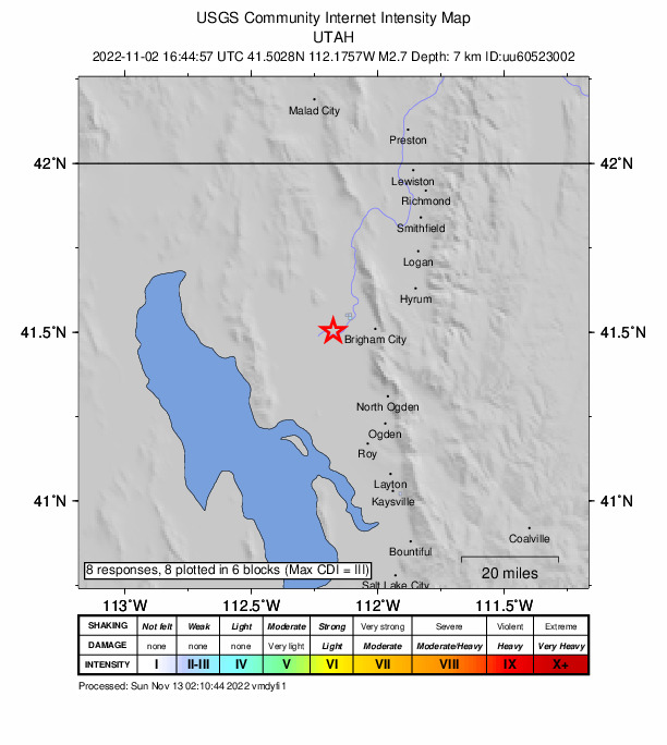 USGS DYFI community-reported intensity map for the M2.7 earthquake near Utah