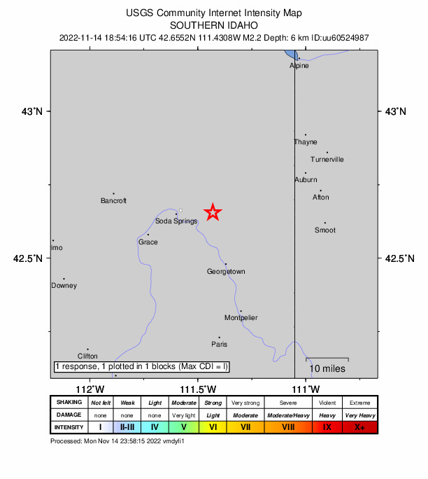 USGS DYFI community-reported intensity map for the M2.2 earthquake near southern Idaho