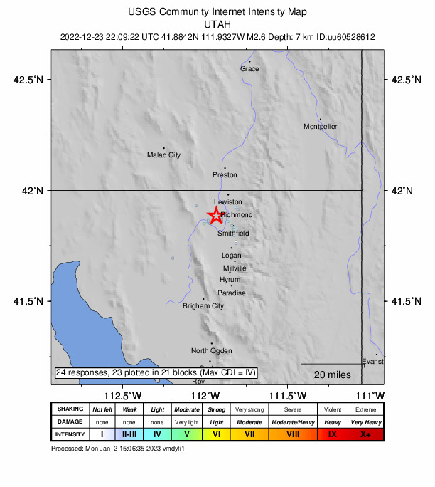 USGS DYFI community-reported intensity map for the M2.6 earthquake near 3 km SSE of Trenton, Utah
