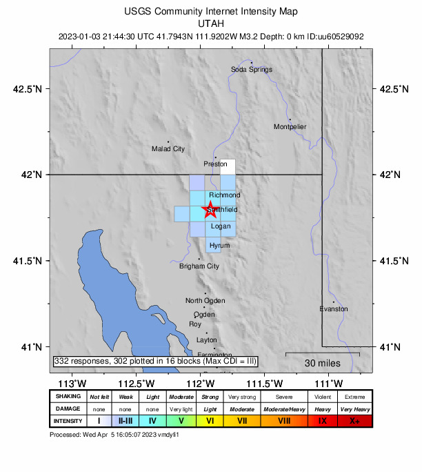 USGS DYFI community-reported intensity map for the M3.2 earthquake near 1 km NE of Benson, Utah
