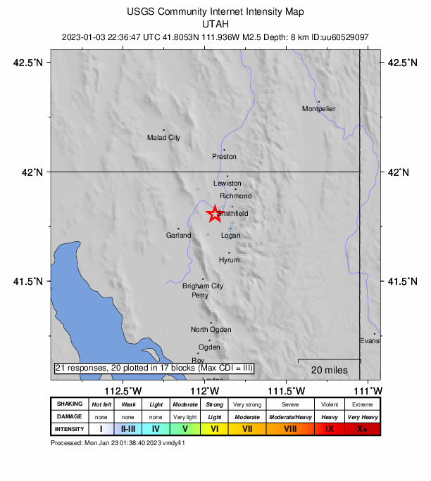 USGS DYFI community-reported intensity map for the M2.5 earthquake near 2 km NNW of Benson, Utah