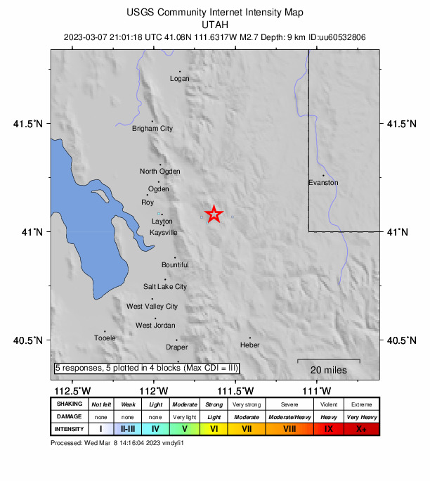 USGS DYFI community-reported intensity map for the M2.7 earthquake near 6 km NE of Morgan, Utah