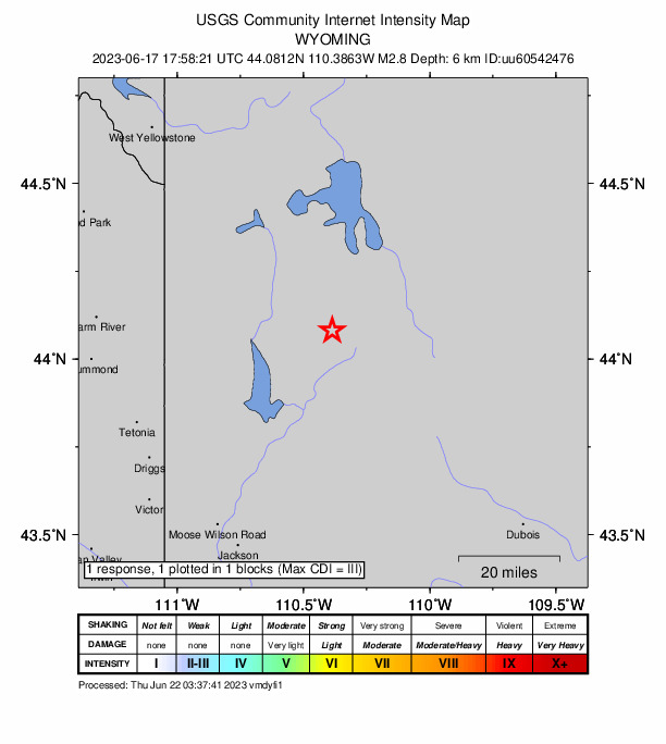 USGS DYFI community-reported intensity map for the M2.8 earthquake near 54 km NNE of Kelly, Wyoming