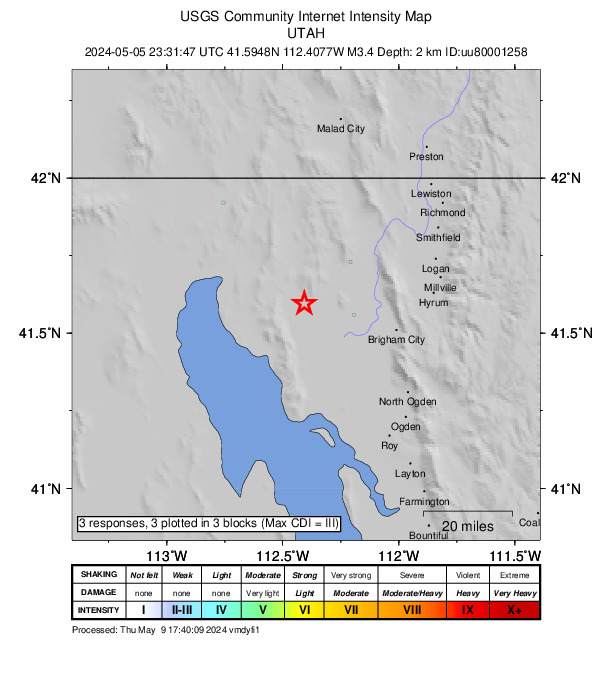 USGS DYFI community-reported intensity map for the M3.4 earthquake near 14 km SW of Thatcher, Utah