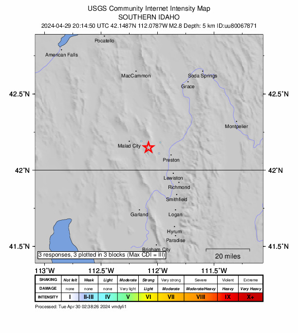 USGS DYFI community-reported intensity map for the M2.8 earthquake near 7 km SW of Clifton, Idaho