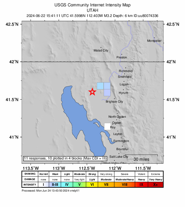 USGS DYFI community-reported intensity map for the M3.2 earthquake near 13 km SW of Thatcher, Utah