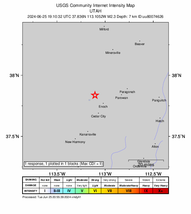 USGS DYFI community-reported intensity map for the M2.3 earthquake near 9 km NW of Enoch, Utah