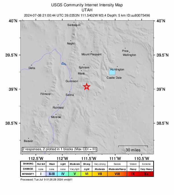 USGS DYFI community-reported intensity map for the M3.4 earthquake near 17 km ESE of Mayfield, Utah