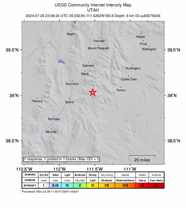 USGS DYFI community-reported intensity map for the M2.8 earthquake near 18 km ESE of Mayfield, Utah