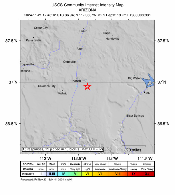 USGS DYFI community-reported intensity map for the M2.9 earthquake near 14 km E of Fredonia, Arizona