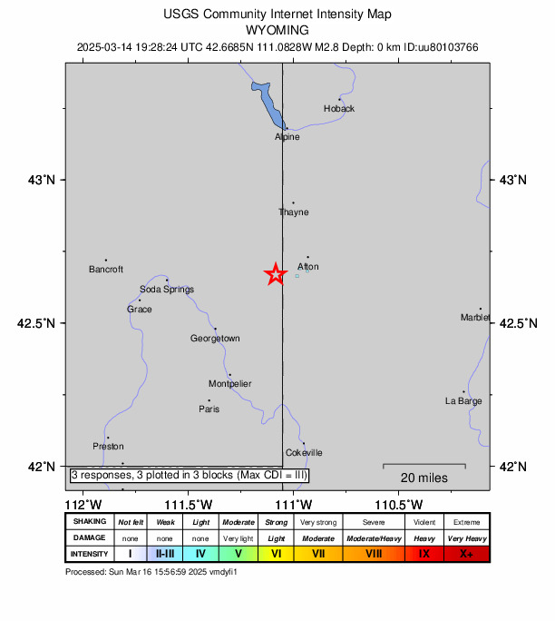 USGS DYFI community-reported intensity map for the M2.7 earthquake near 10 km W of Fairview, Wyoming