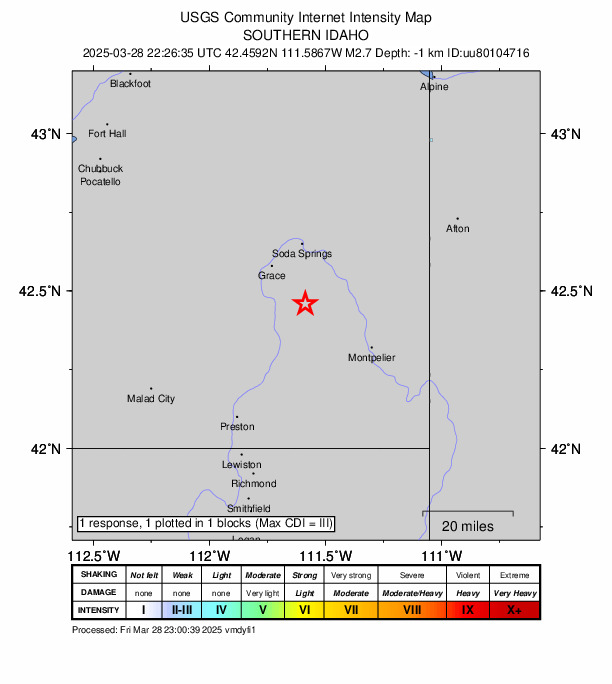 USGS DYFI community-reported intensity map for the M2.7 earthquake near 17 km SE of Grace, Idaho