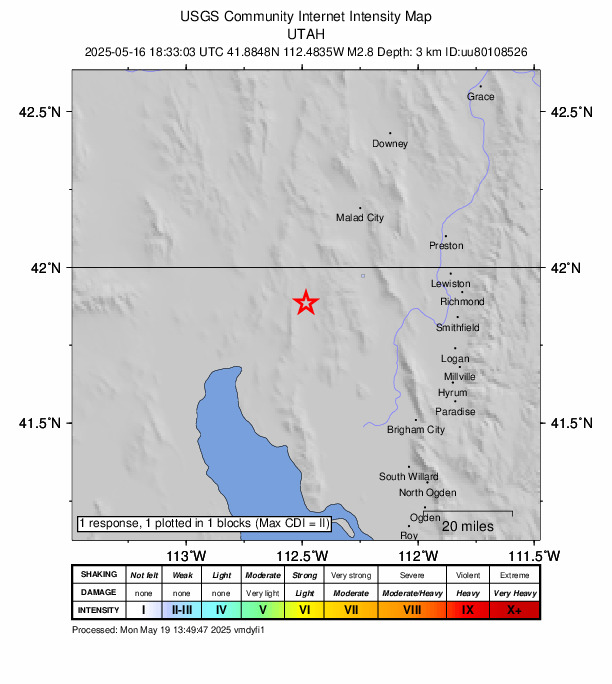 USGS DYFI community-reported intensity map for the M2.8 earthquake near 10 km NNW of Howell, Utah