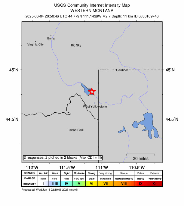 USGS DYFI community-reported intensity map for the M2.7 earthquake near 3 km ENE of Hebgen Lake Estates, Montana