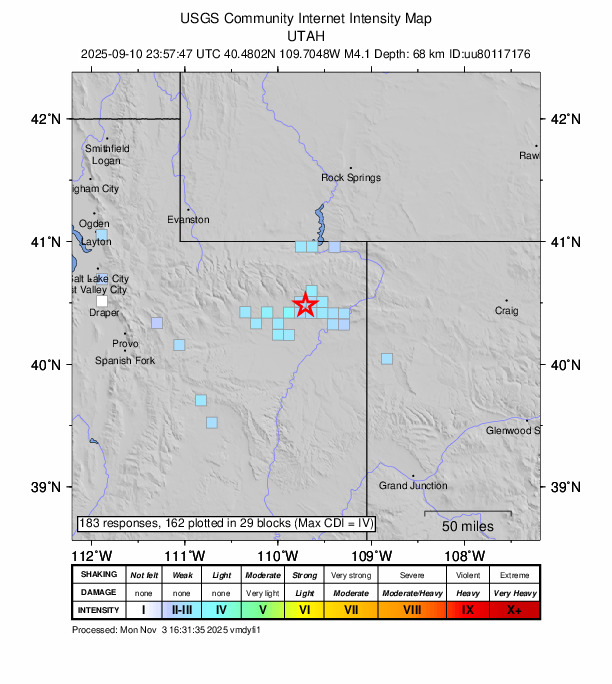 USGS DYFI community-reported intensity map for the M4.1 earthquake near 10 km W of Maeser, Utah