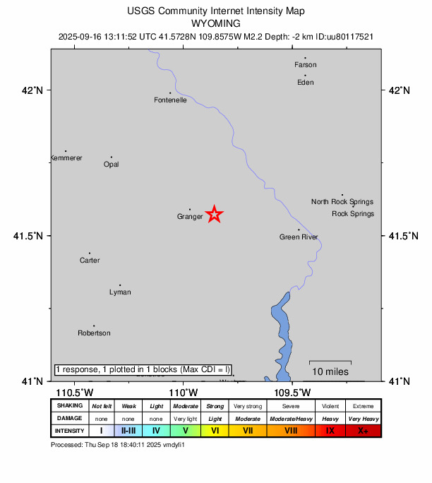 USGS DYFI community-reported intensity map for the M2.2 earthquake near 3 km N of Little America, Wyoming