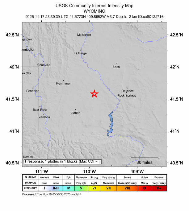 USGS DYFI community-reported intensity map for the M3.7 earthquake near 4 km NW of Little America, Wyoming