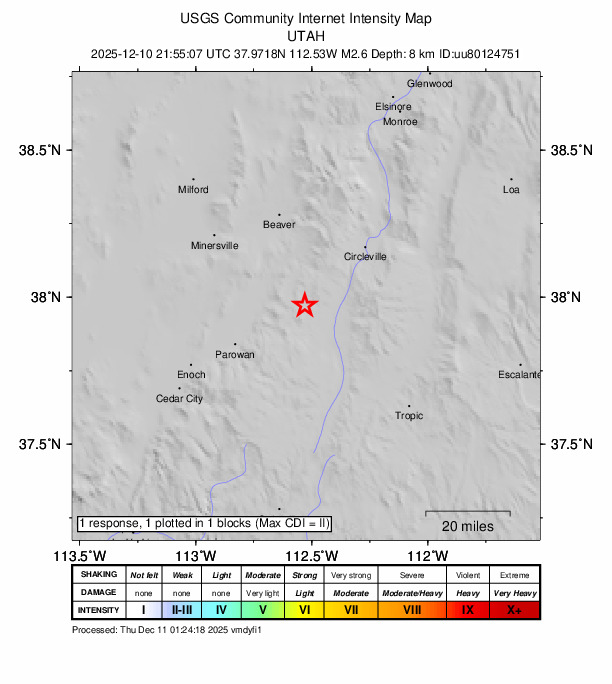 USGS DYFI community-reported intensity map for the M2.6 earthquake near 18 km NNW of Panguitch, Utah