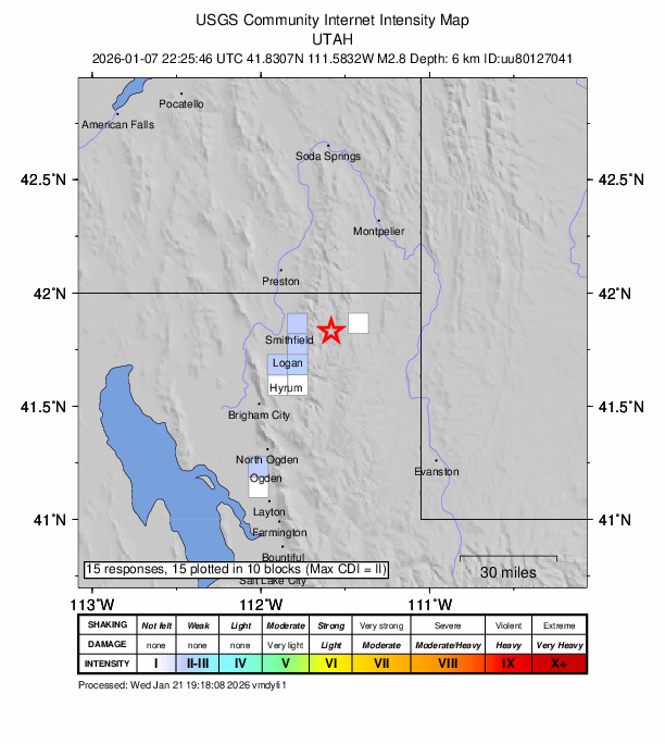 USGS DYFI community-reported intensity map for the M2.9 earthquake near 17 km WSW of Garden, Utah