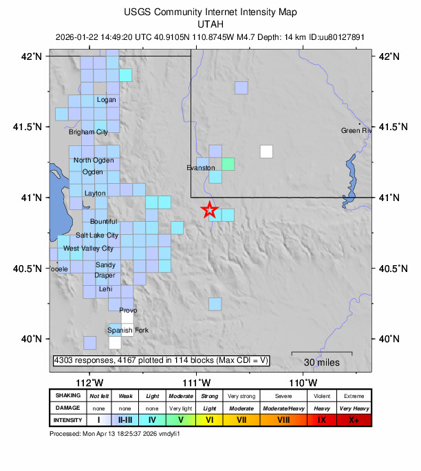 USGS DYFI community-reported intensity map for the M4.7 earthquake near 40 km S of Evanston, Wyoming