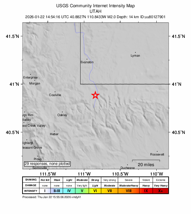 USGS DYFI community-reported intensity map for the M2.0 earthquake near 42 km ENE of Oakley, Utah