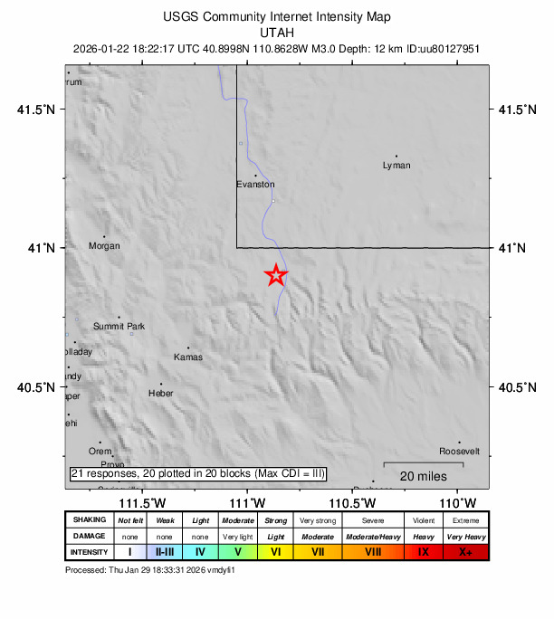 USGS DYFI community-reported intensity map for the M3.0 earthquake near 41 km SSE of Evanston, Wyoming