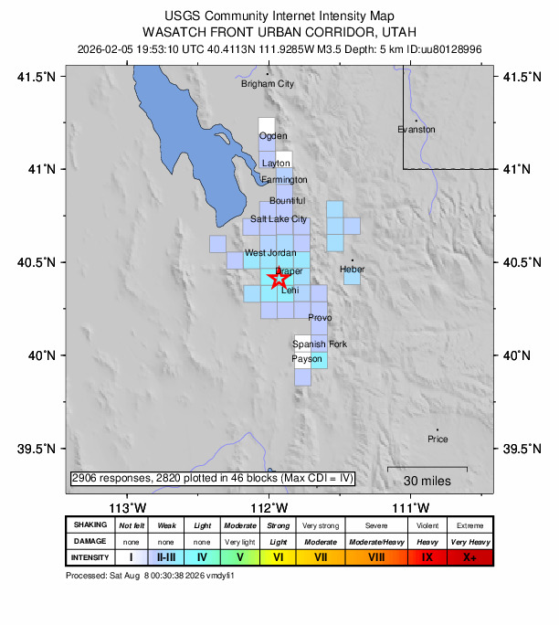 USGS DYFI community-reported intensity map for the M3.5 earthquake near 6 km WNW of Lehi, Utah
