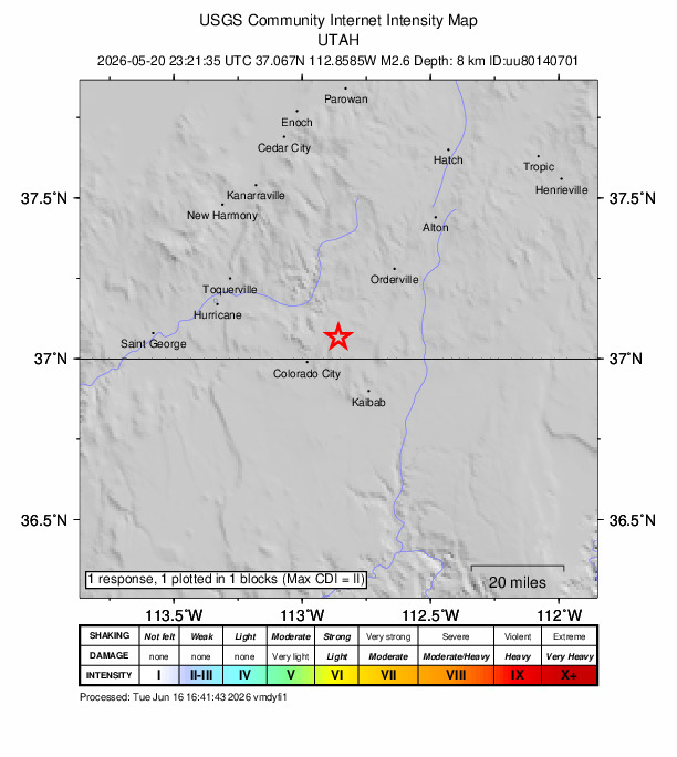 USGS DYFI community-reported intensity map for the M2.6 earthquake near 11 km NE of Hildale, Utah