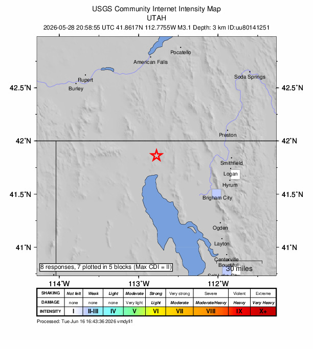 USGS DYFI community-reported intensity map for the M3.1 earthquake near 12 km SSW of Snowville, Utah