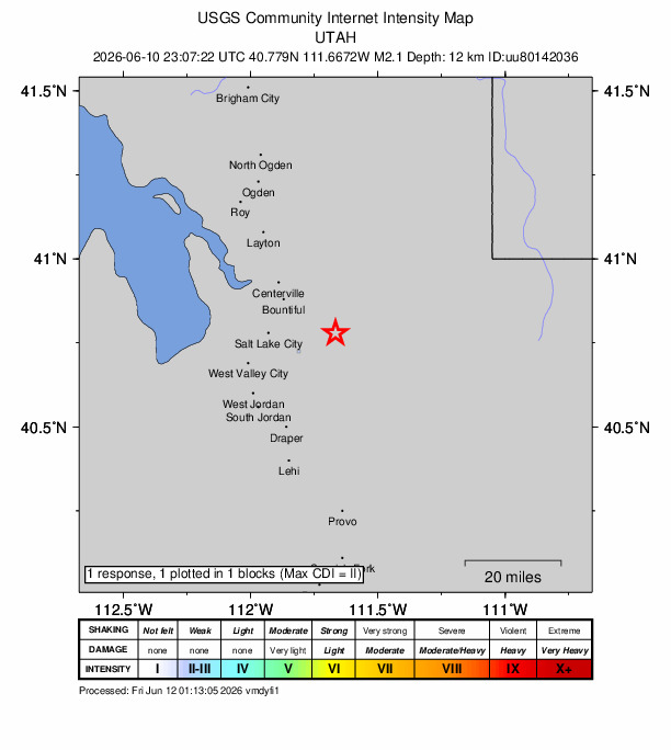 USGS DYFI community-reported intensity map for the M2.1 earthquake near 5 km NW of Summit Park, Utah