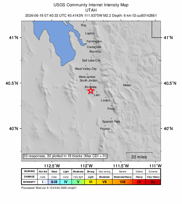 USGS DYFI community-reported intensity map for the M2.2 earthquake near 7 km NNW of Saratoga Springs, Utah