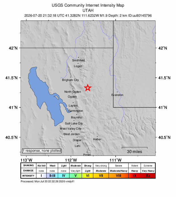 USGS DYFI community-reported intensity map for the M1.9 earthquake near 14 km ENE of Huntsville, Utah