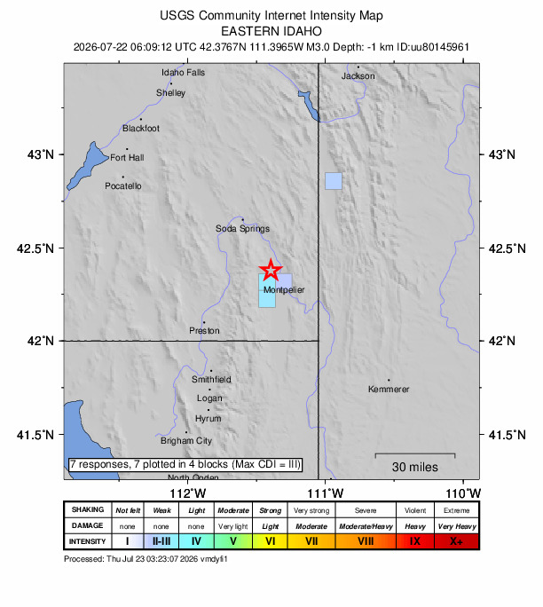 USGS DYFI community-reported intensity map for the M3.0 earthquake near 6 km WSW of Bennington, Idaho