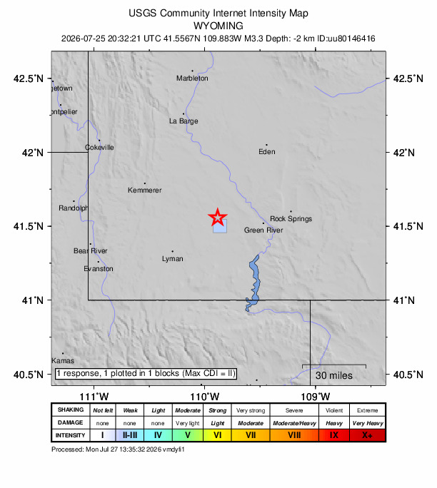 USGS DYFI community-reported intensity map for the M3.3 earthquake near 2 km NW of Little America, Wyoming