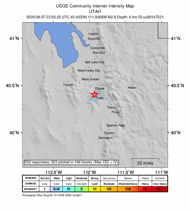 USGS DYFI community-reported intensity map for the M2.9 earthquake near 6 km NNW of Saratoga Springs, Utah